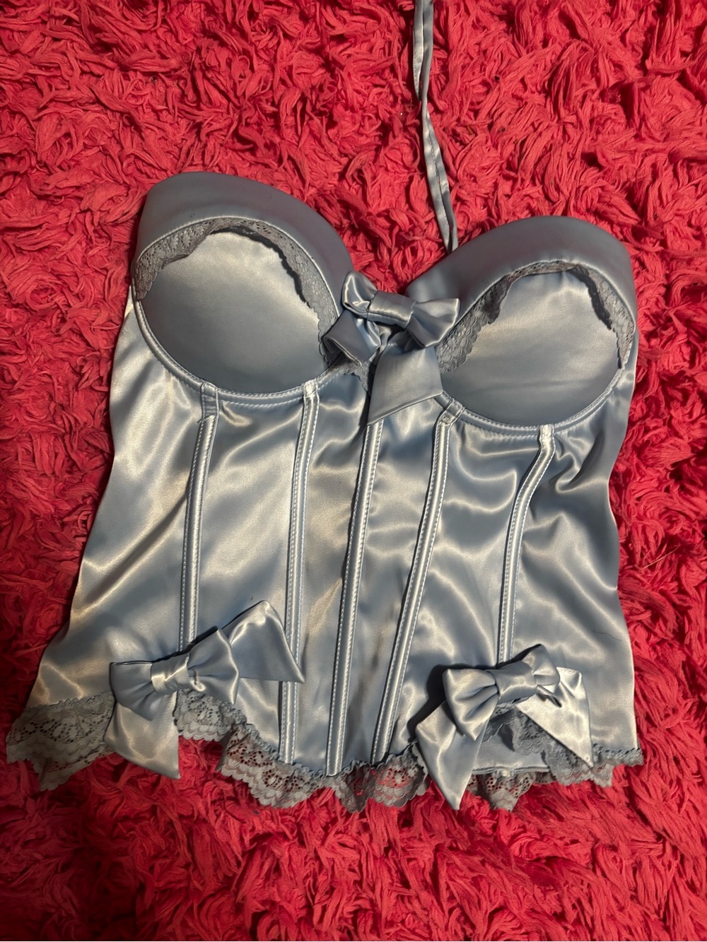 Windsor Satin Bow-Trim Bustier Top in Steel Blue